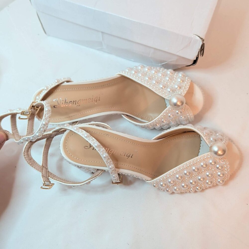 Sacaria Pearl Embellished Strappy Wedding Block Heels - Picture 8 of 11